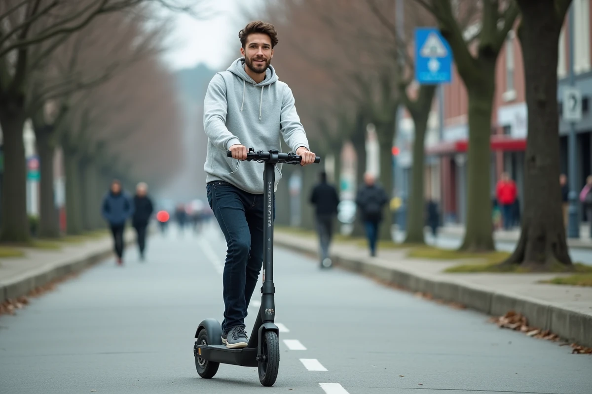 Homme trentenaire roulant en trottinette électrique sur une piste cyclable urbaine moderne