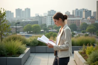 Urbaniste sur un toit végétalisé observant une ville engagée dans l'écotourisme durable
