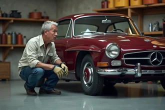 Homme inspecte une voiture de collection ancienne dans un garage privé avec des accessoires vintage