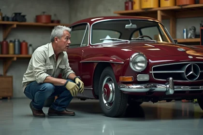 Homme inspecte une voiture de collection ancienne dans un garage privé avec des accessoires vintage