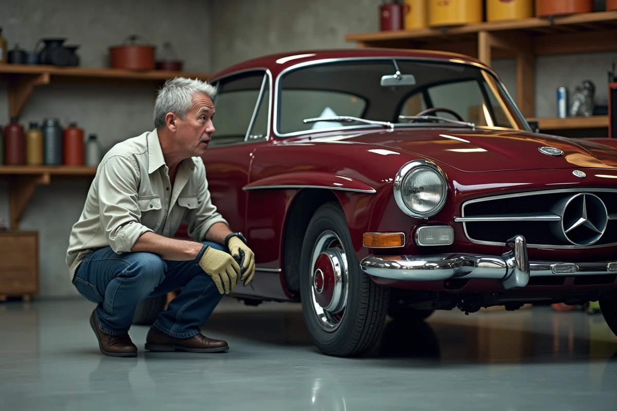 Homme inspecte une voiture de collection ancienne dans un garage privé avec des accessoires vintage