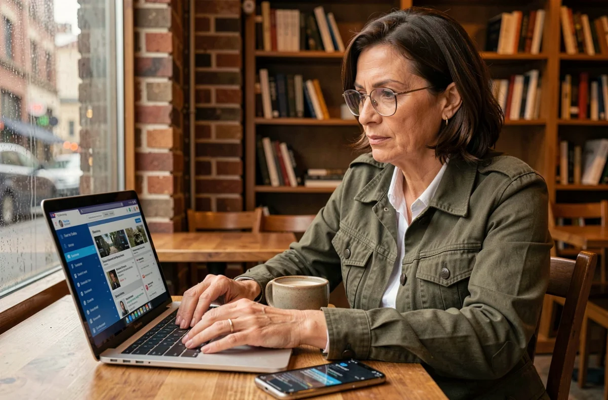 Femme paramétrant des alertes de veille défense sur ordinateur portable dans un café, interface de flux RSS visible sur l'écran