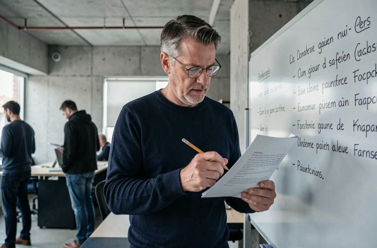 Homme analysant un document imprimé en français dans un espace de coworking moderne, illustrant la vérification des accords grammaticaux des participes passés comme inclus et incluse