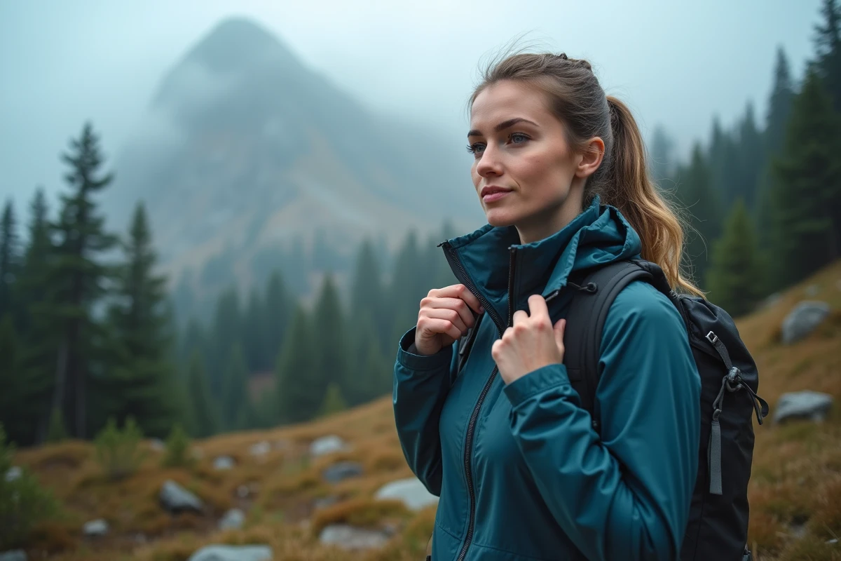 Femme portant une veste Gore-Tex imperméable en randonnée sur un sentier de montagne brumeux