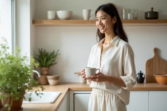 Femme portant des vêtements en lin naturel et coton biologique dans une cuisine minimaliste en bois, illustrant les vêtements sains à porter au quotidien