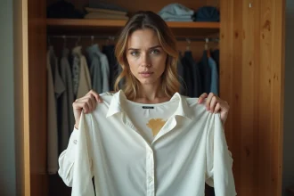 Femme inspectant un chemisier taché et froissé devant une garde-robe ouverte contenant des vêtements sales et mal rangés
