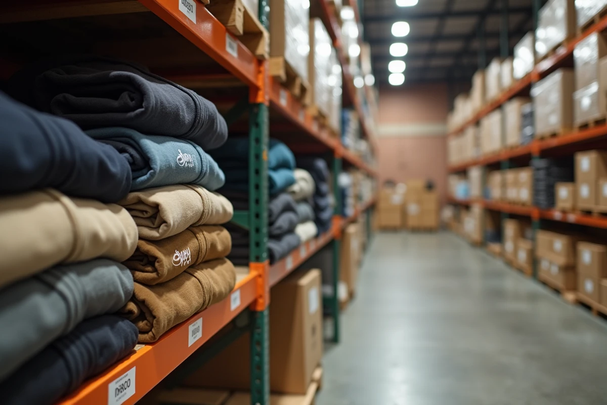 Vêtements Stüssy pliés et empilés dans un entrepôt de distribution de mode streetwear