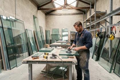 Vitrier professionnel dans un atelier de miroiterie des Pays de la Loire, entouré de grandes plaques de verre et d'outils spécialisés