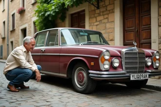 Un homme examine une voiture ancienne des années 70 garée sur des pavés dans un village français, illustrant le passage en véhicule de collection