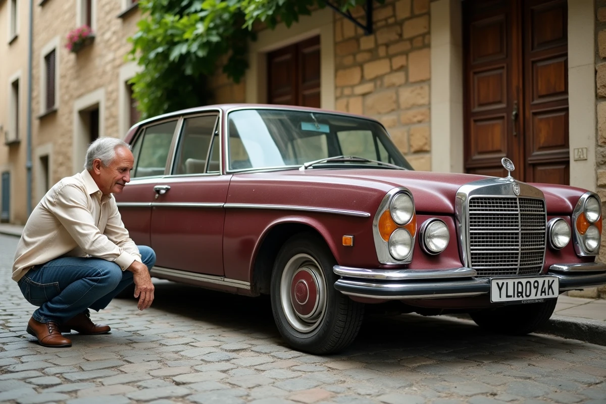 Un homme examine une voiture ancienne des années 70 garée sur des pavés dans un village français, illustrant le passage en véhicule de collection