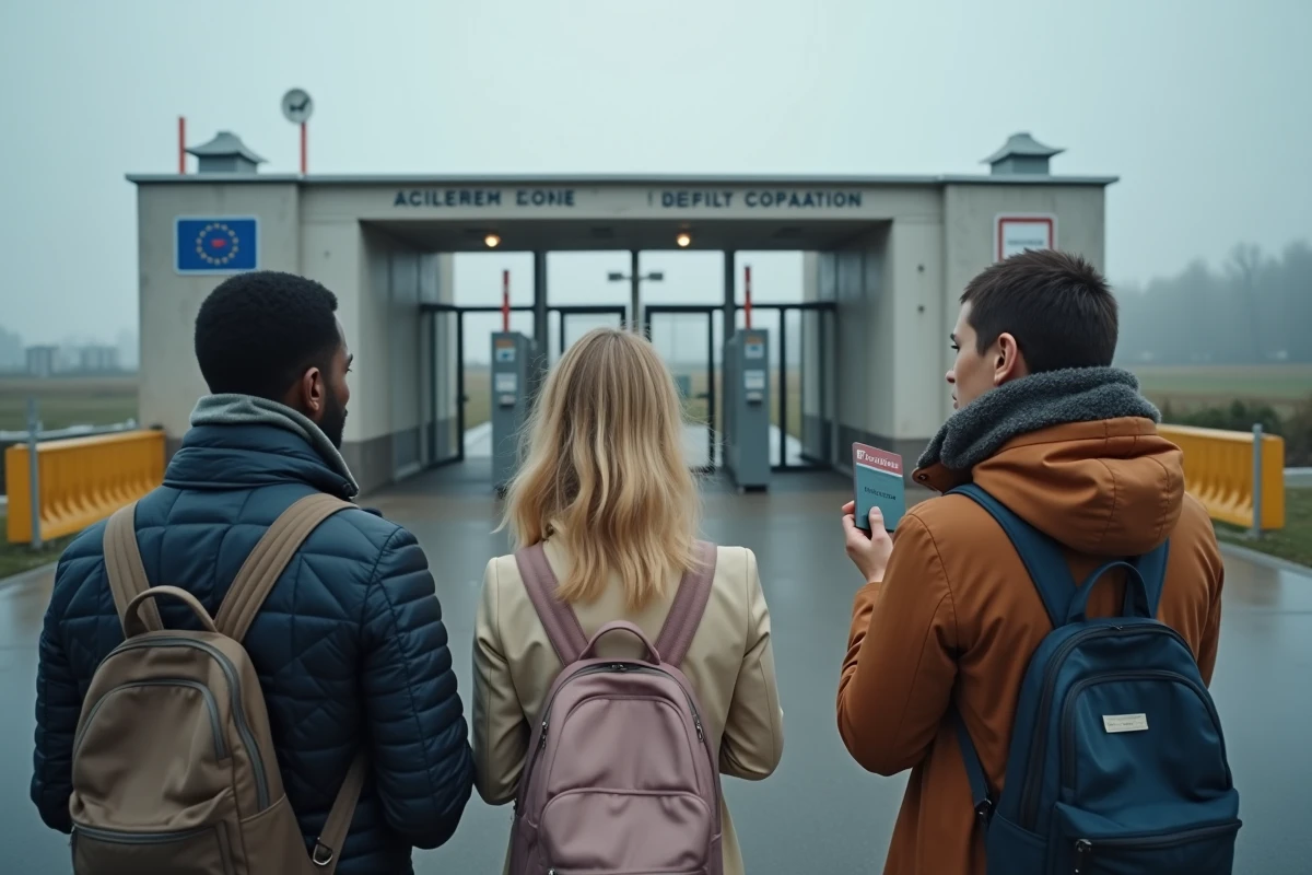 Groupe de voyageurs adultes devant un poste frontière Schengen tenant leurs passeports en attendant le contrôle ETIAS en 2026