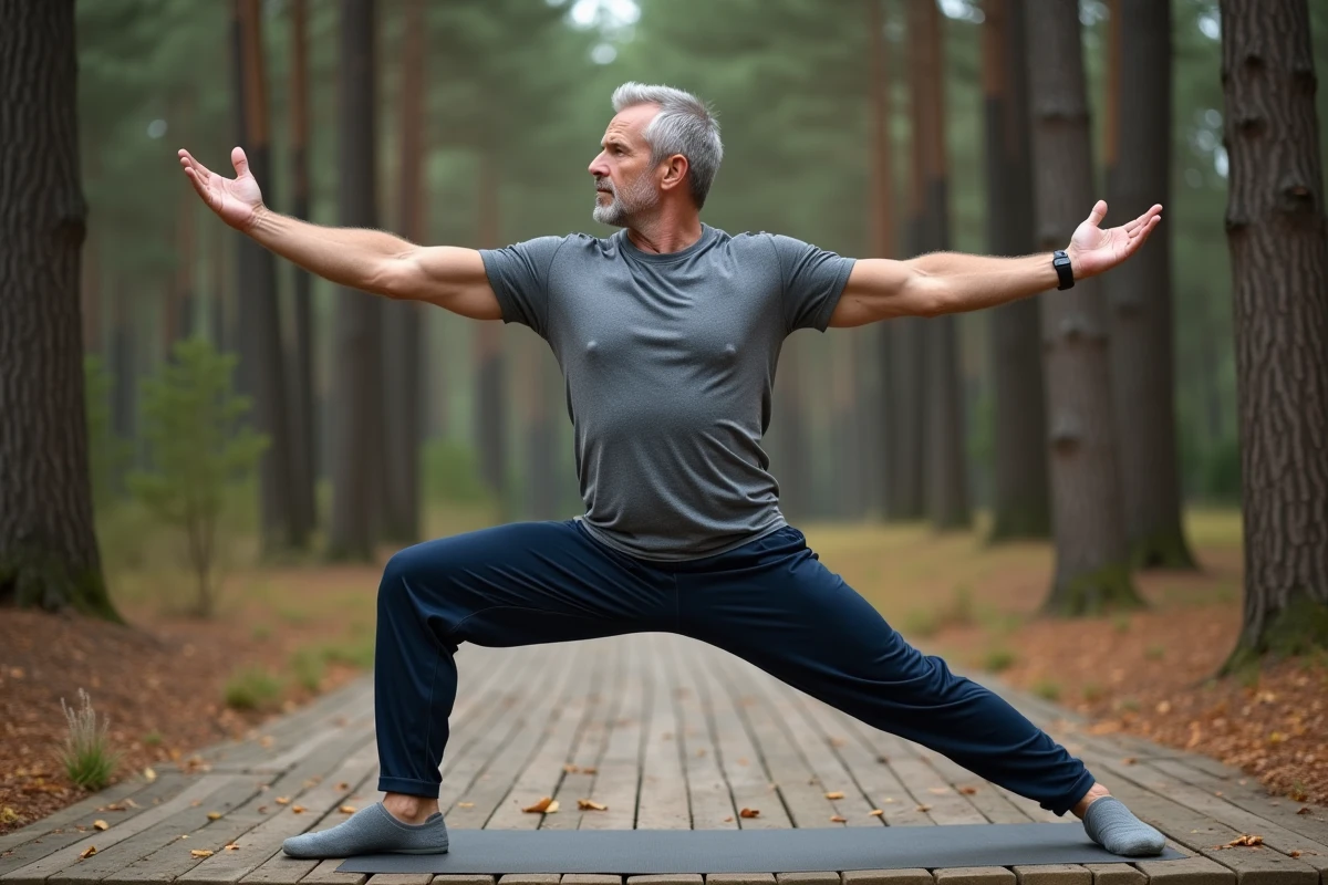 Homme d'âge moyen en posture de guerrier sur une terrasse en bois entourée de pins en automne, pratique du yoga en pleine nature pour le bien-être mental