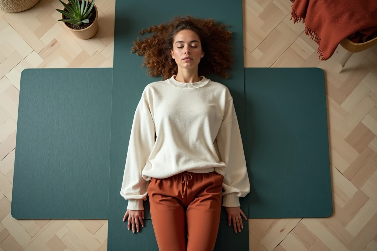 Jeune femme en posture de savasana sur un tapis yoga dans un appartement minimaliste, relaxation profonde et récupération mentale par le yoga